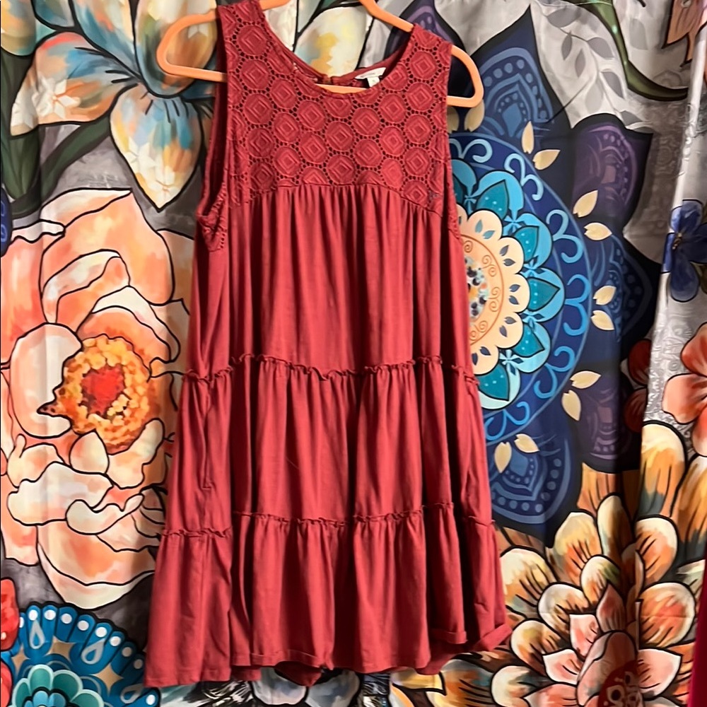 Brick Red Pleated Tiered Midi Sundress